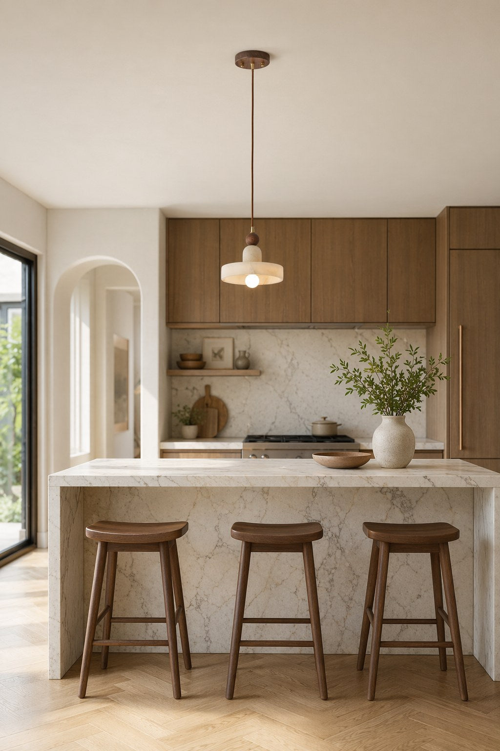 W&F Collection | Alabaster and Walnut Disc Pendant Light