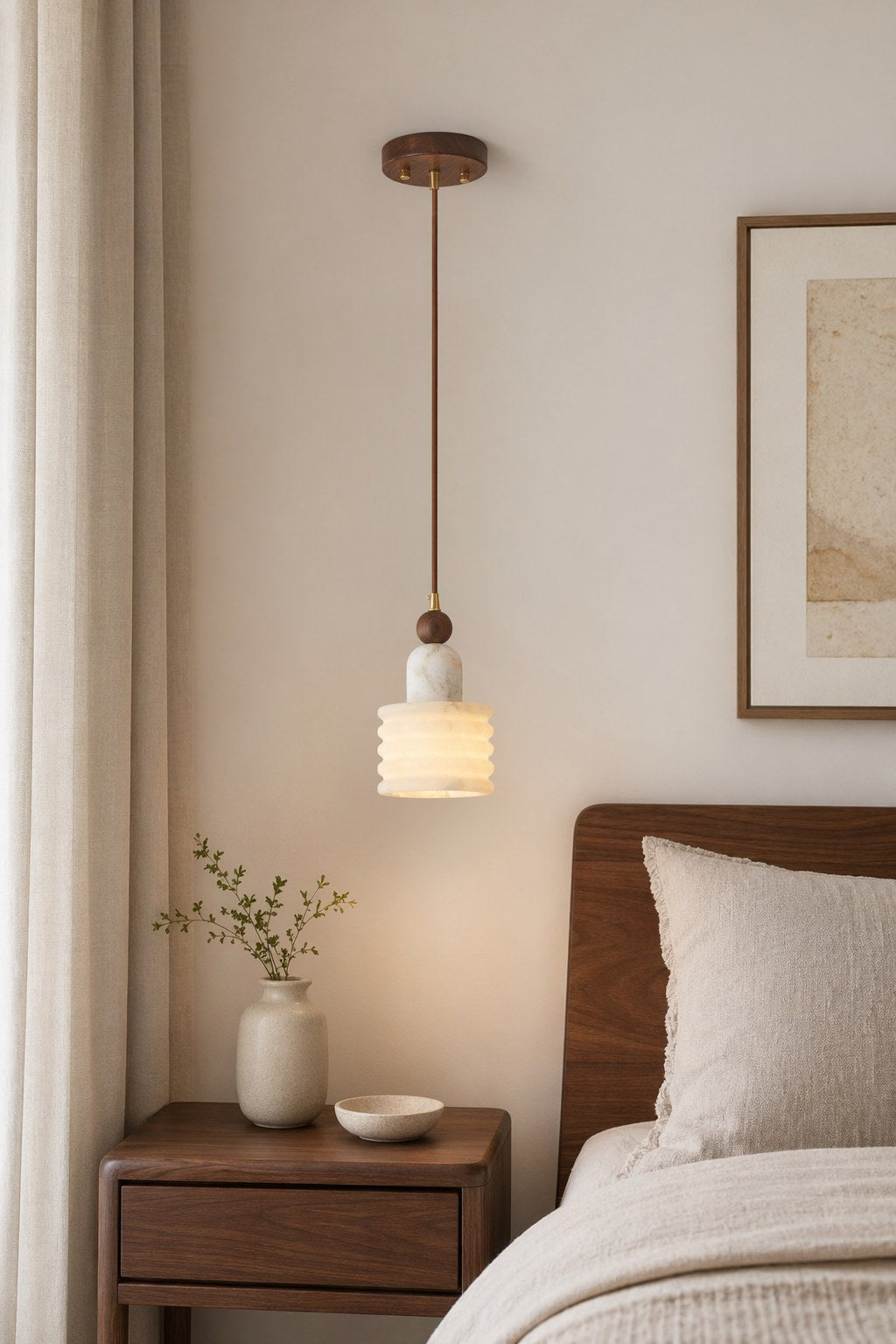 W&F Collection | Alabaster and Walnut Single Pendant Light