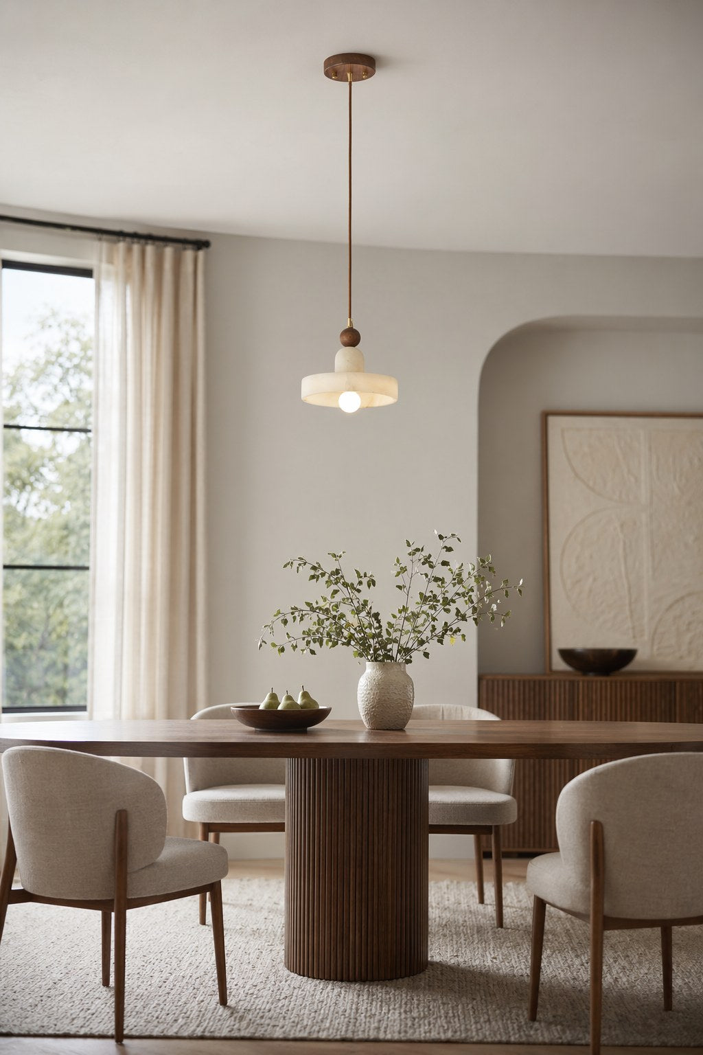 W&F Collection | Alabaster and Walnut Disc Pendant Light