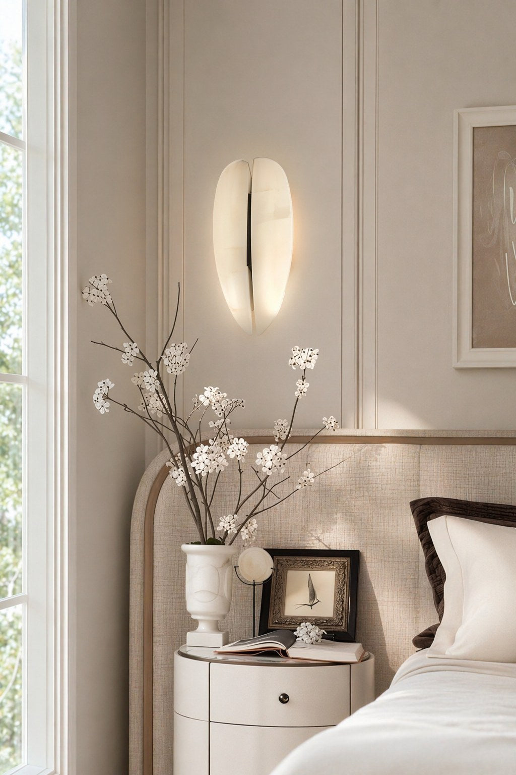 W&F Collection | Alabaster and Black Leather Wall Sconce