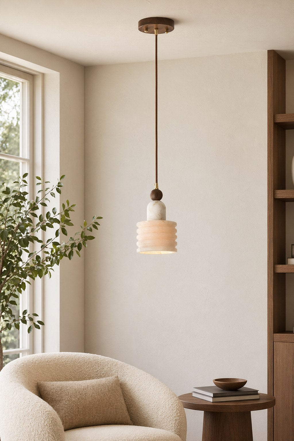 W&F Collection | Alabaster and Walnut Single Pendant Light