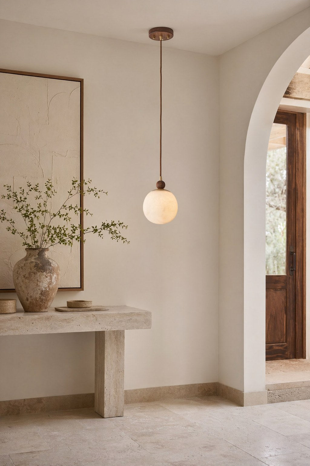 W&F Collection | Alabaster Globe Walnut Pendant Light