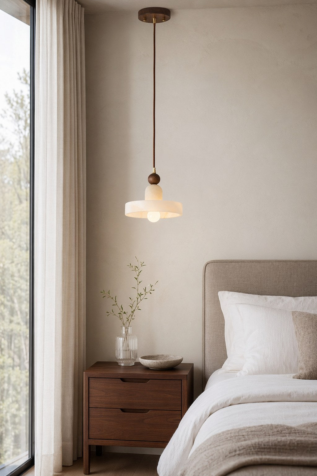 W&F Collection | Alabaster and Walnut Disc Pendant Light
