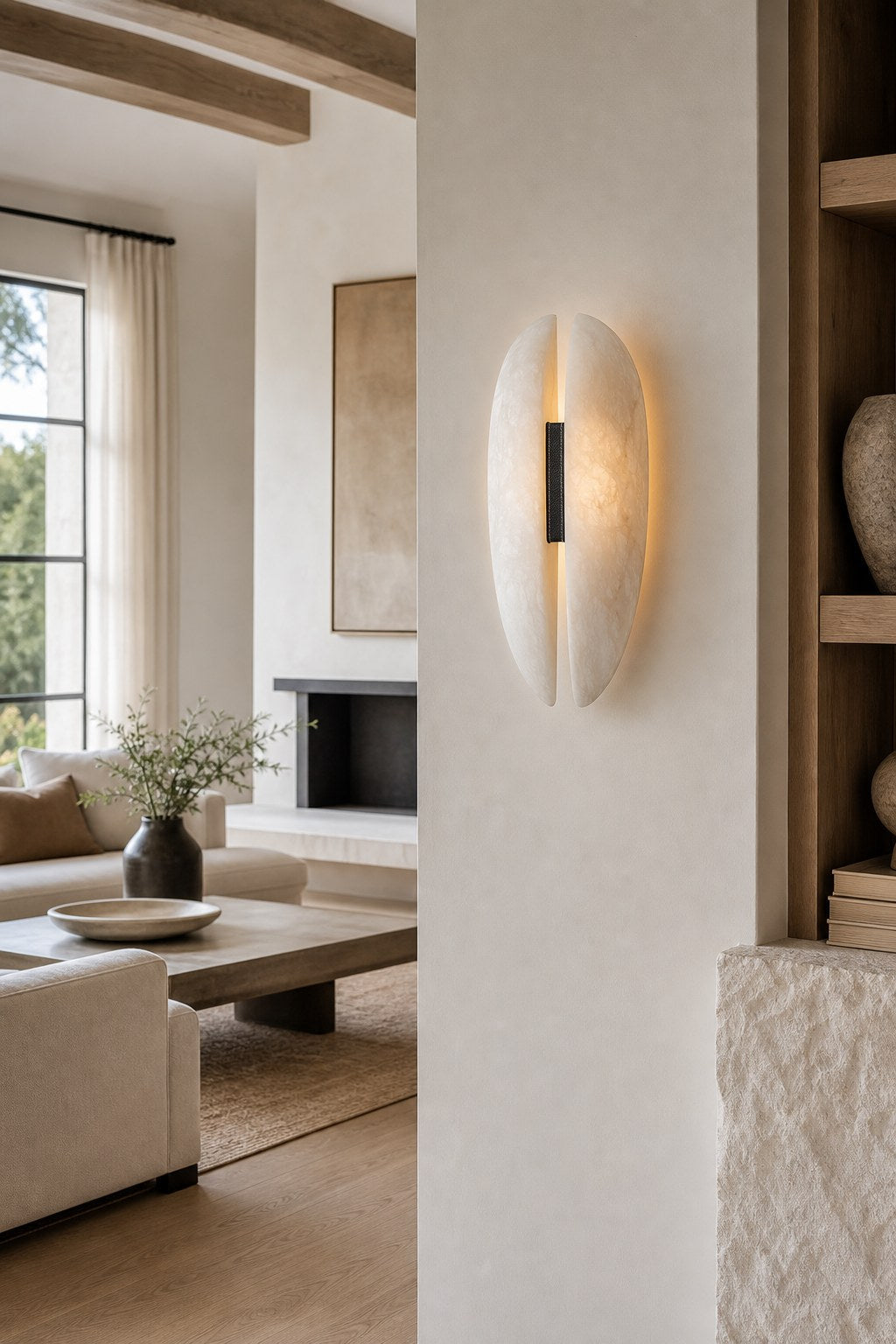 W&F Collection | Alabaster and Black Leather Wall Sconce