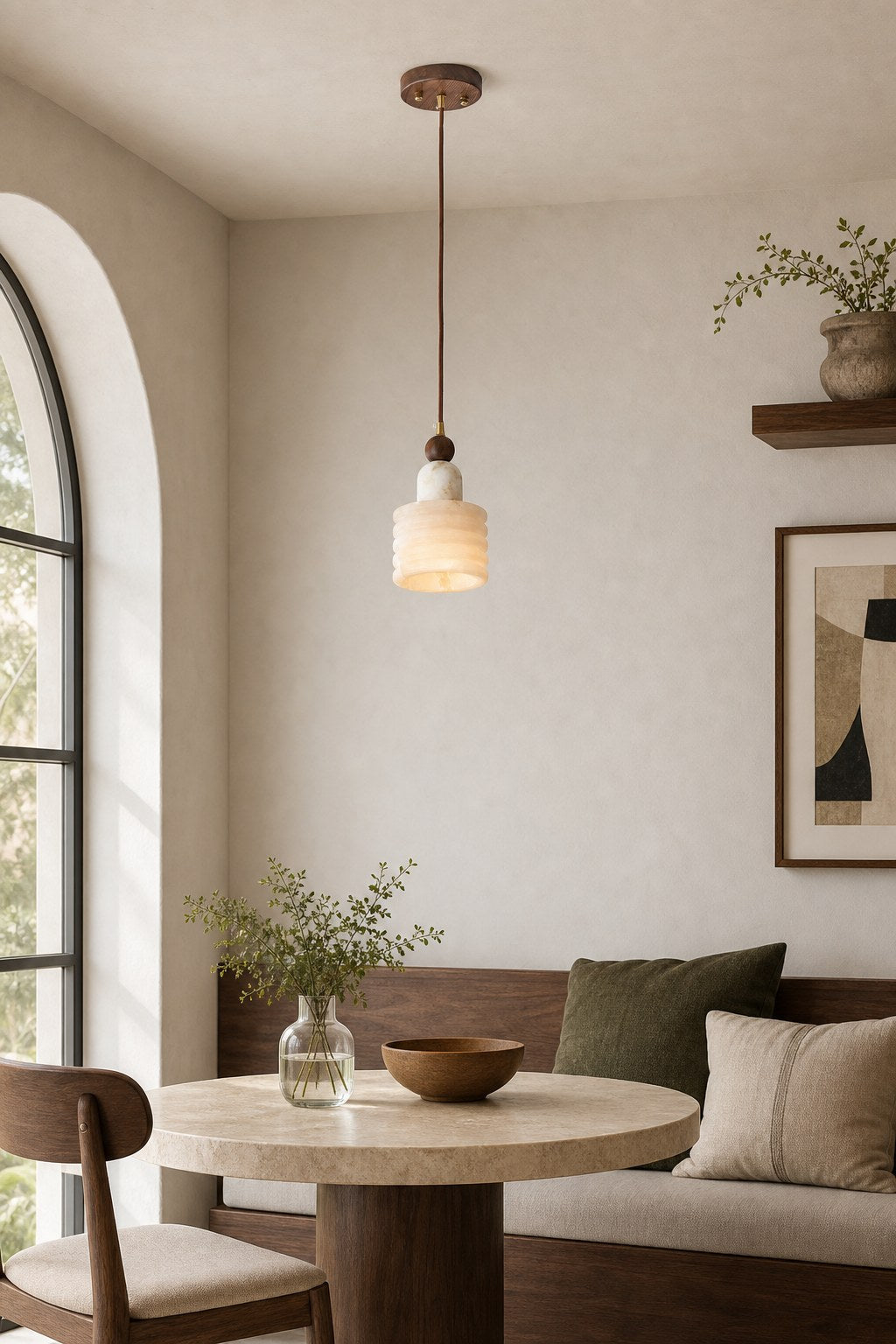 W&F Collection | Alabaster and Walnut Single Pendant Light