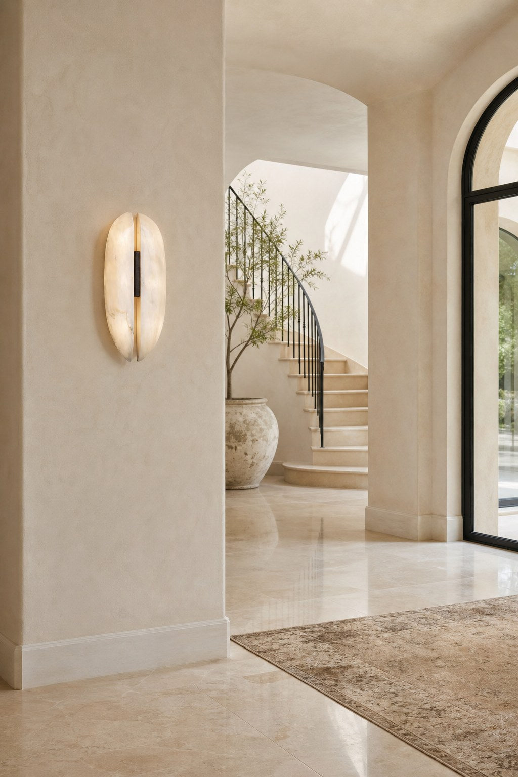 W&F Collection | Alabaster and Black Leather Wall Sconce