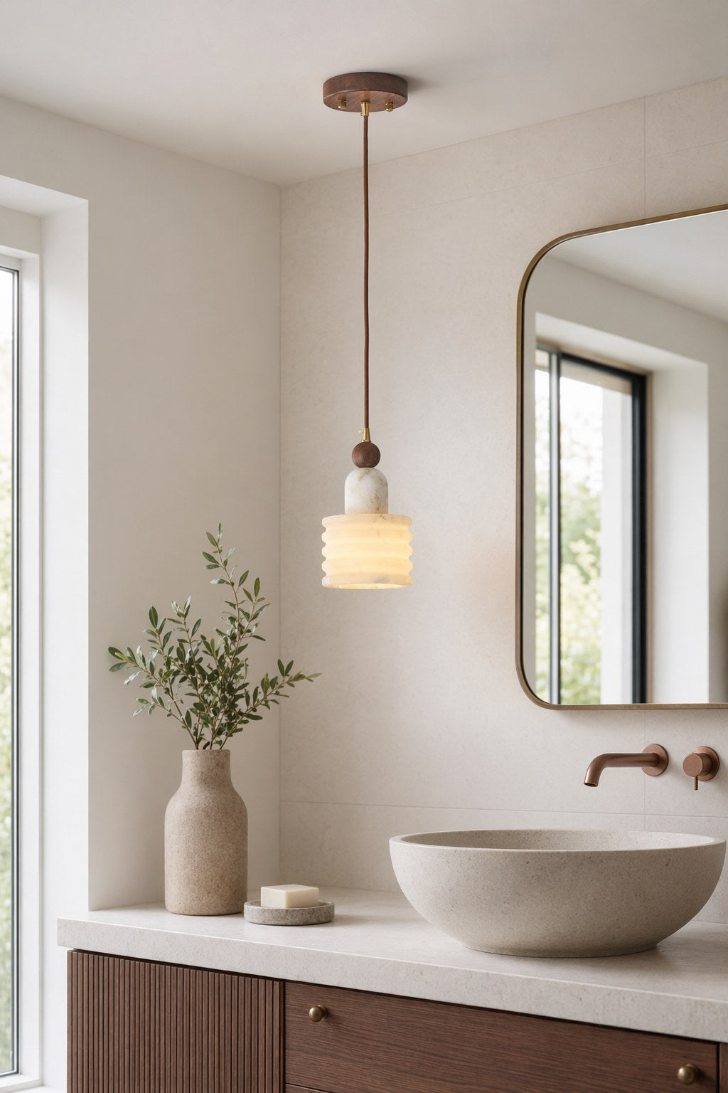 W&F Collection | Alabaster and Walnut Single Pendant Light