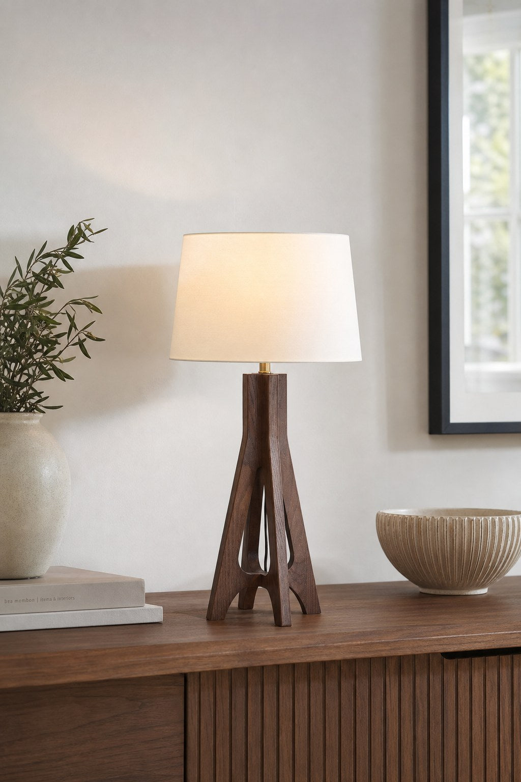 W&F Collection | Black Walnut-Tone Ash Wood Table Lamp with Off-White Fabric Shade