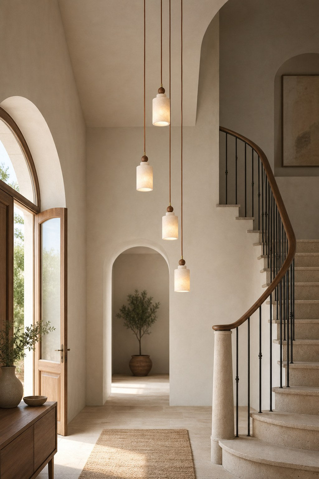 W&F Collection | Alabaster and Walnut Cylinder Pendant Light