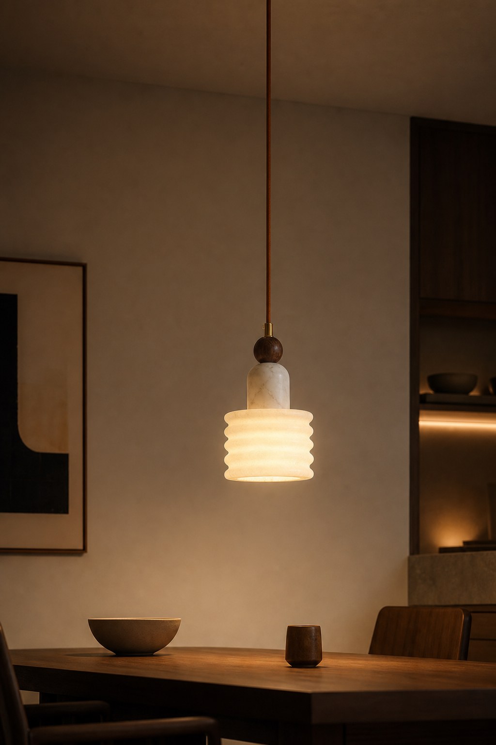 W&F Collection | Alabaster and Walnut Single Pendant Light