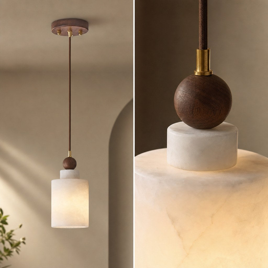 W&F Collection | Alabaster and Walnut Cylinder Pendant Light