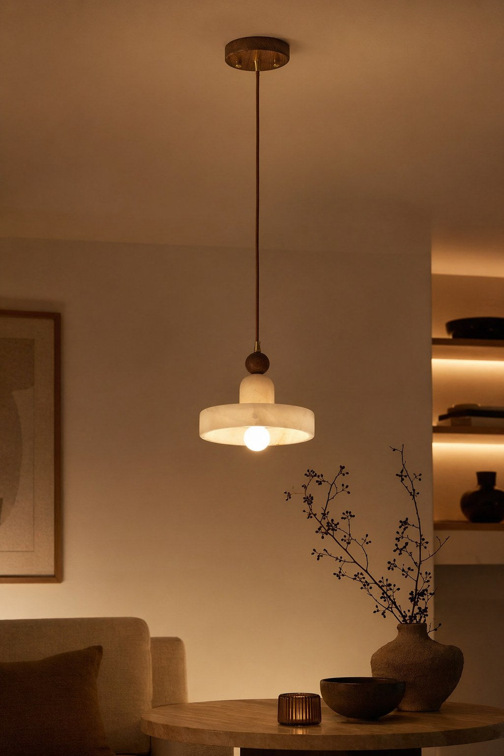 W&F Collection | Alabaster and Walnut Disc Pendant Light