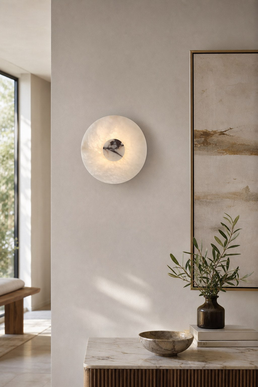 W&F Collection | Alabaster and Marble Round Wall Sconce