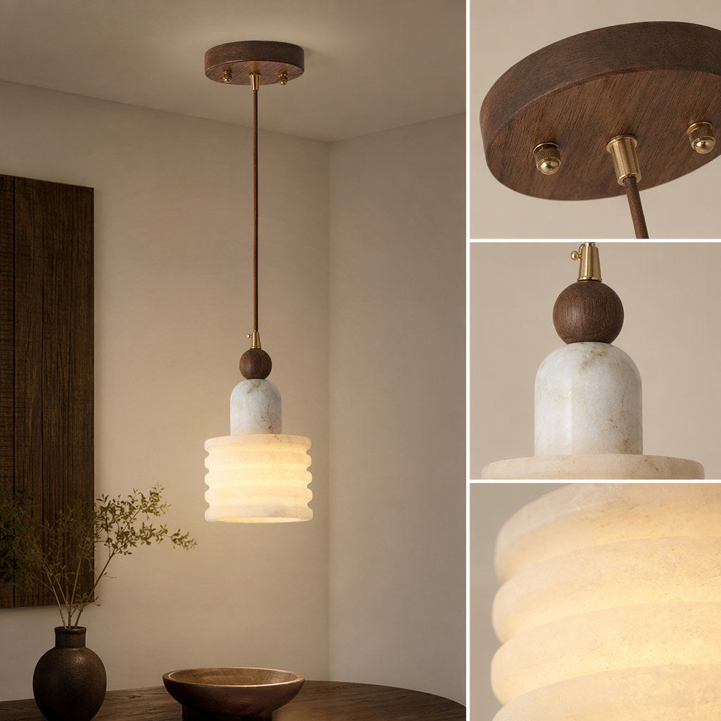W&F Collection | Alabaster and Walnut Single Pendant Light