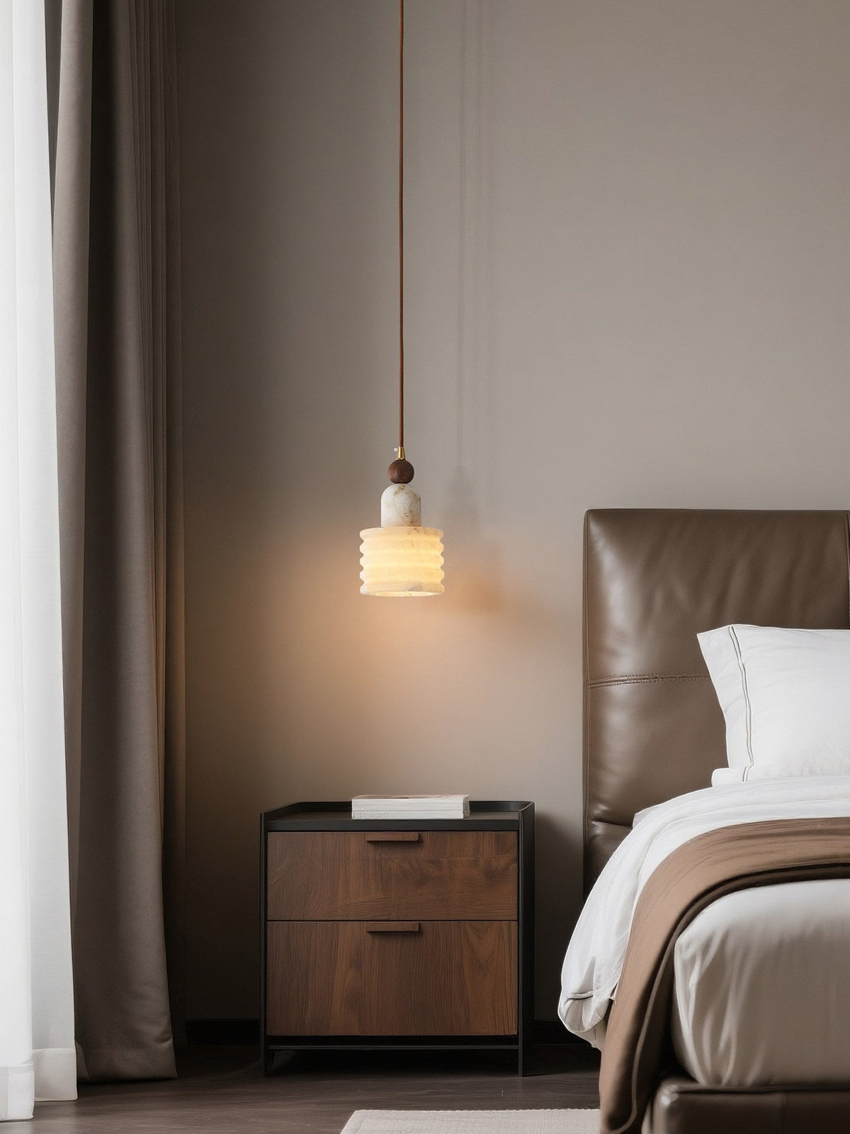 W&F Collection | Alabaster and Walnut Single Pendant Light