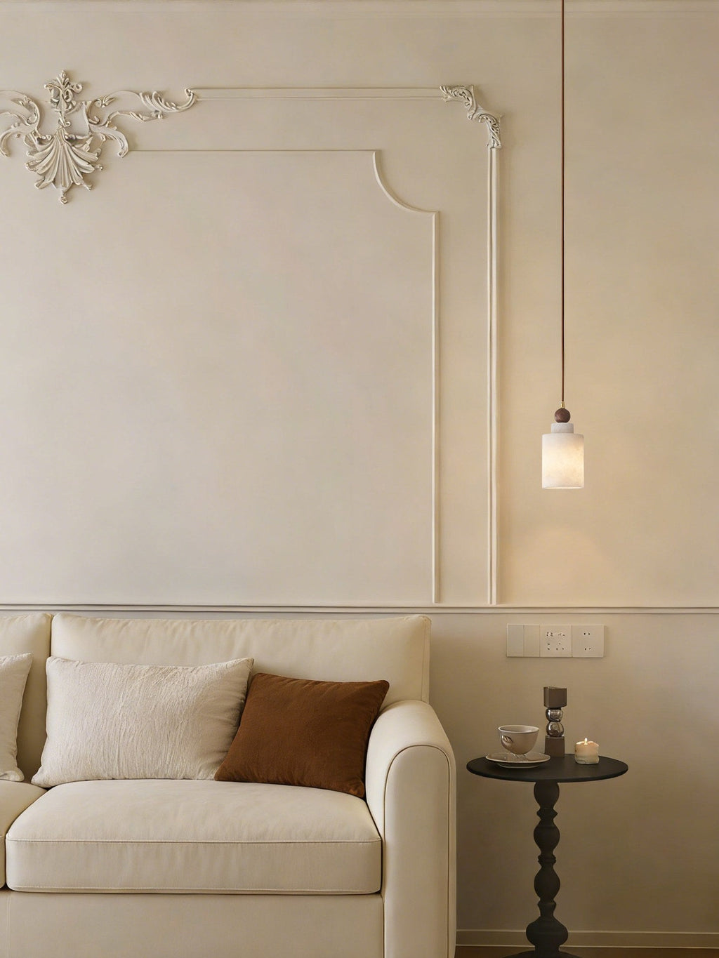 W&F Collection | Alabaster and Walnut Cylinder Pendant Light