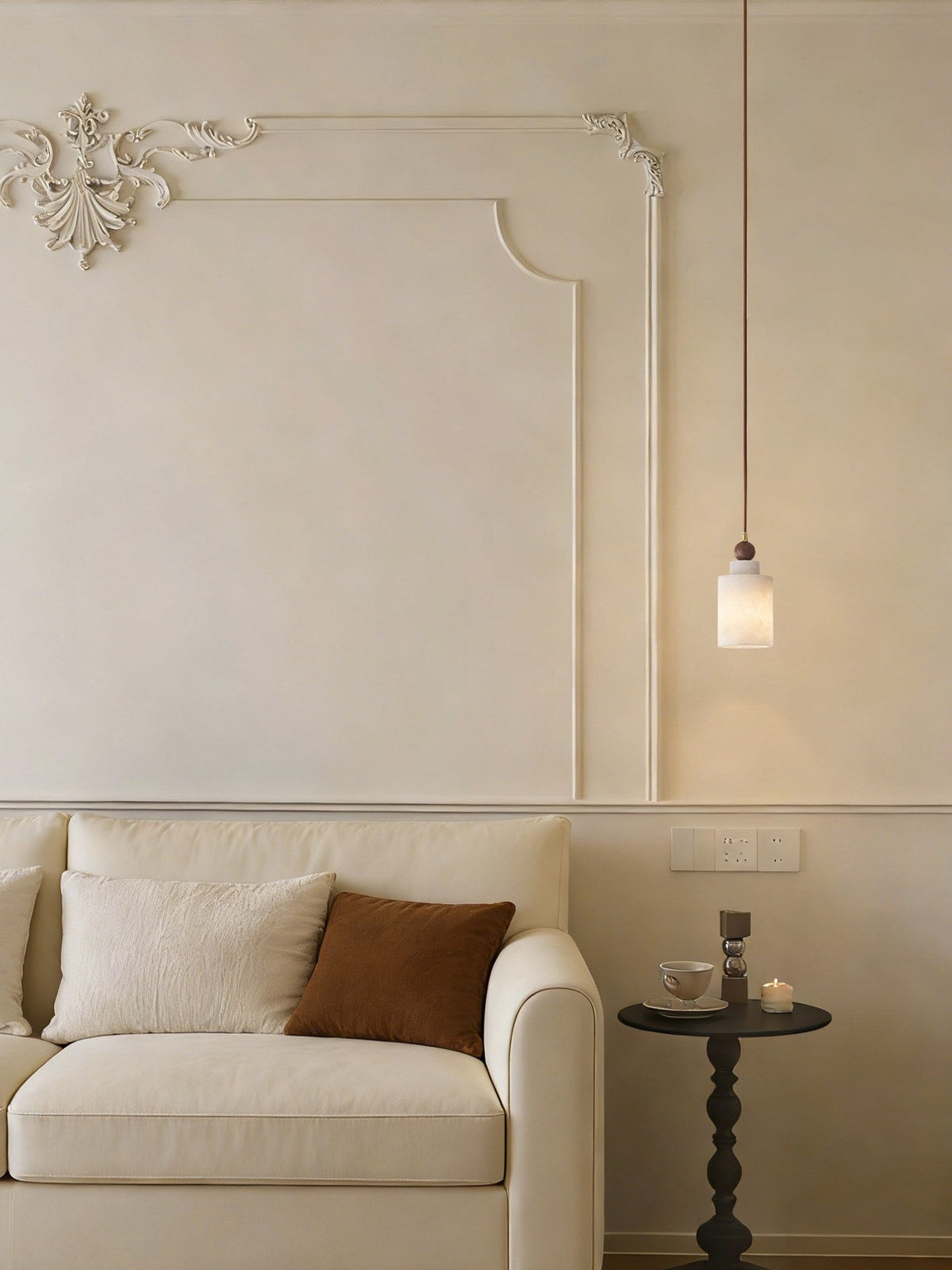 W&F Collection | Alabaster and Walnut Cylinder Pendant Light