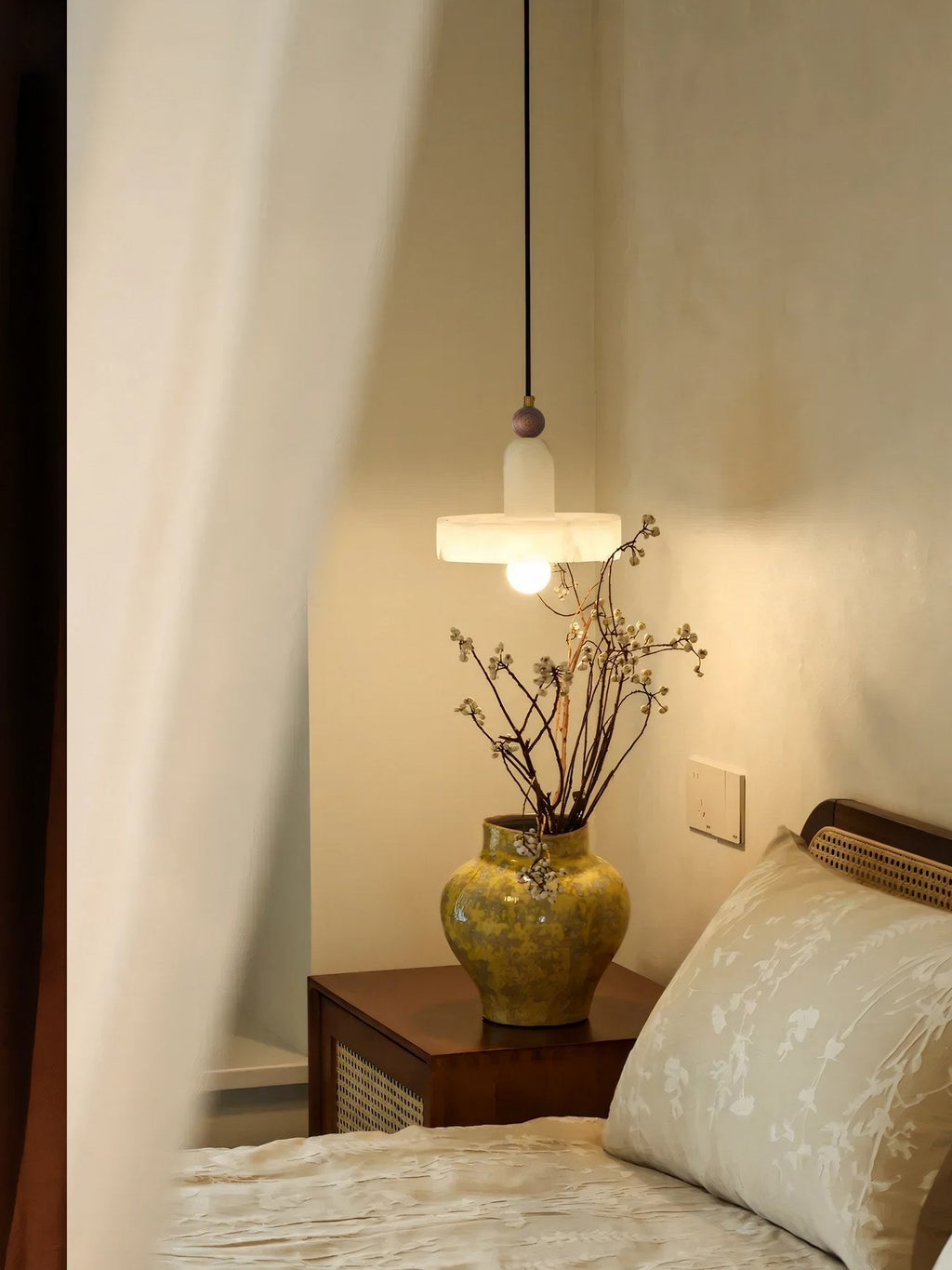 W&F Collection | Alabaster and Walnut Disc Pendant Light