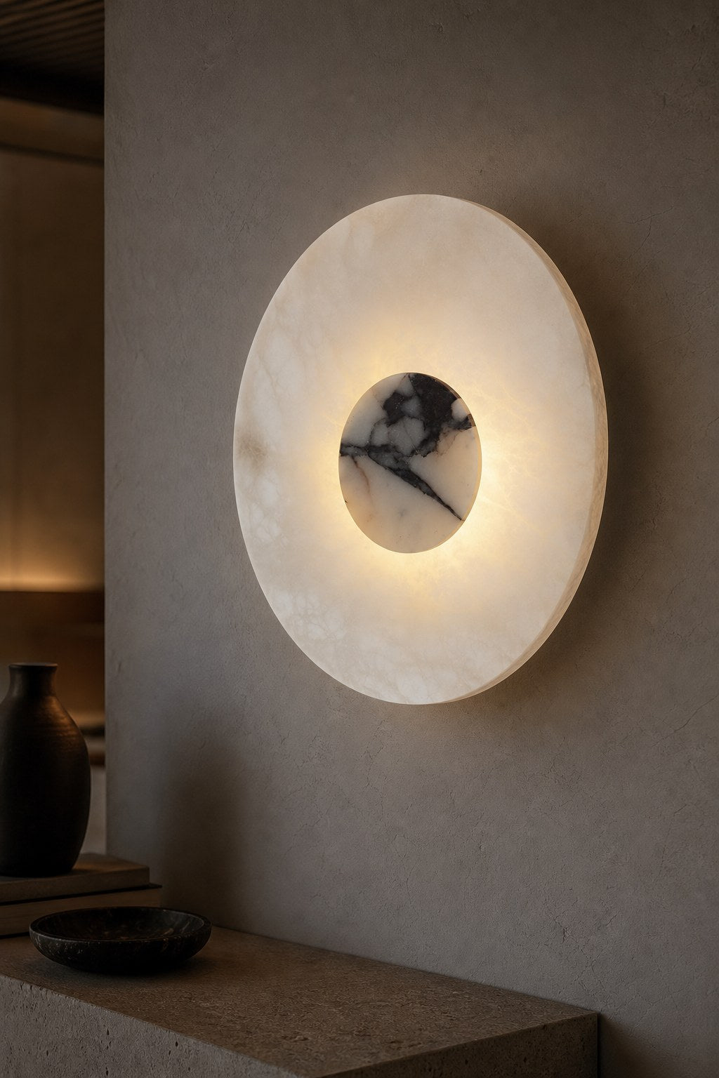 W&F Collection | Alabaster and Marble Round Wall Sconce
