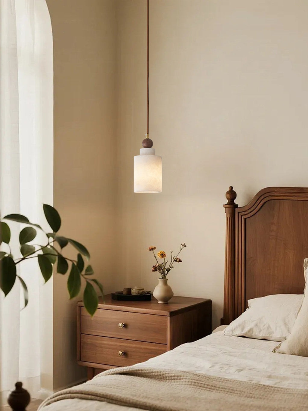 W&F Collection | Alabaster and Walnut Cylinder Pendant Light