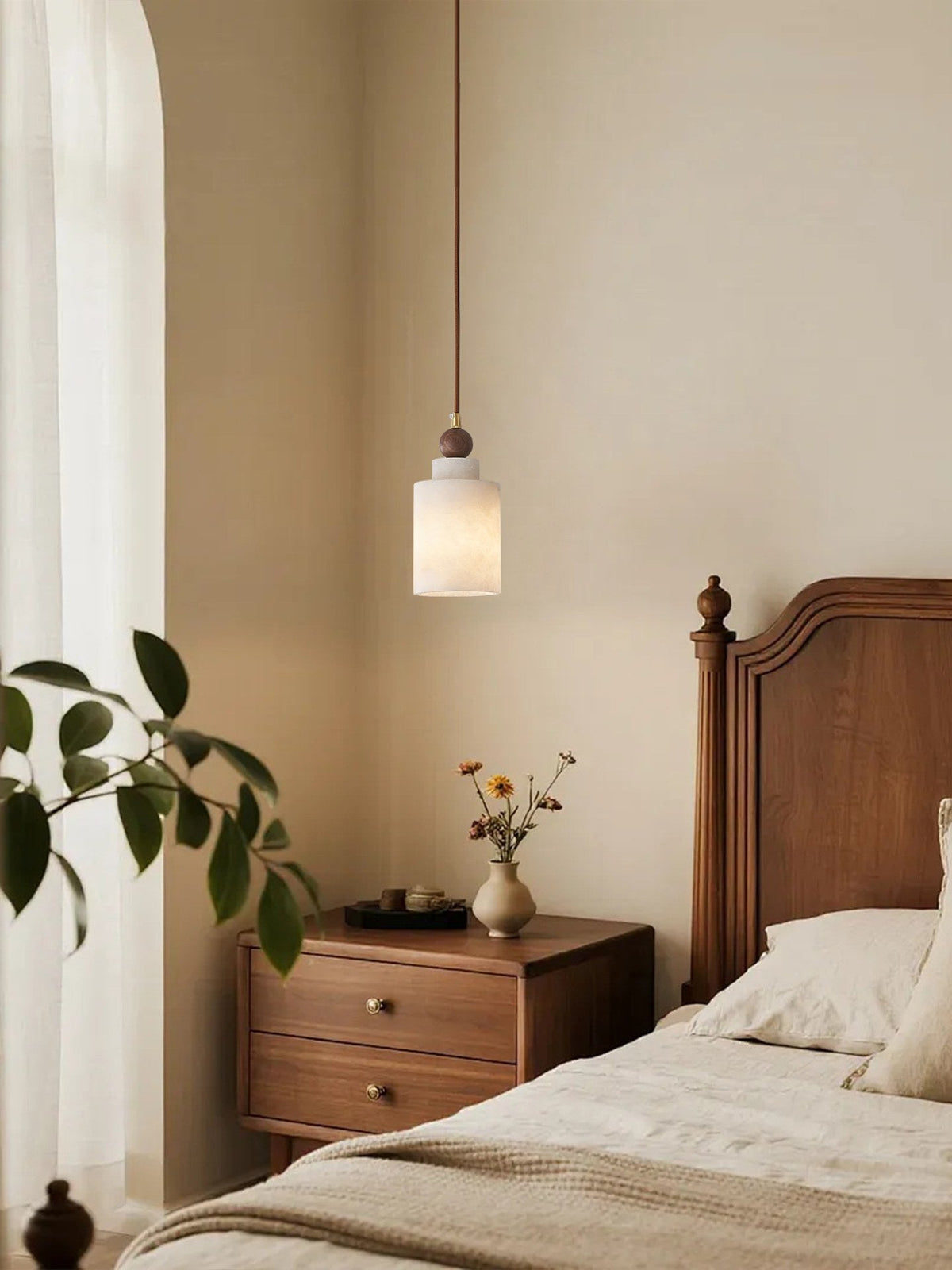W&F Collection | Alabaster and Walnut Cylinder Pendant Light