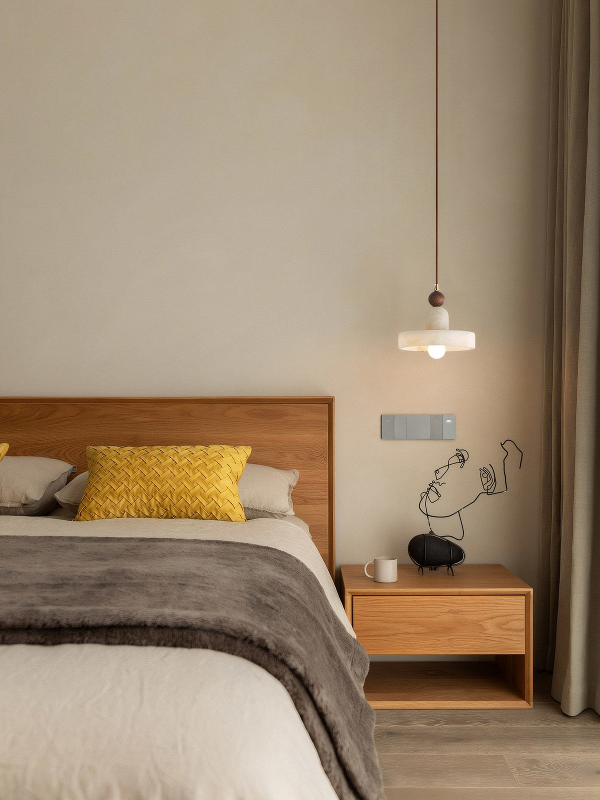 W&F Collection | Alabaster and Walnut Disc Pendant Light