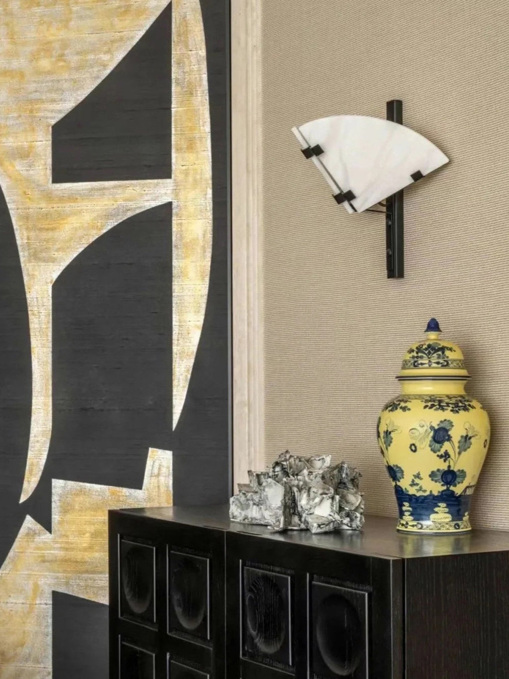 W&F Collection | Alabaster and Black Metal Wall Sconce