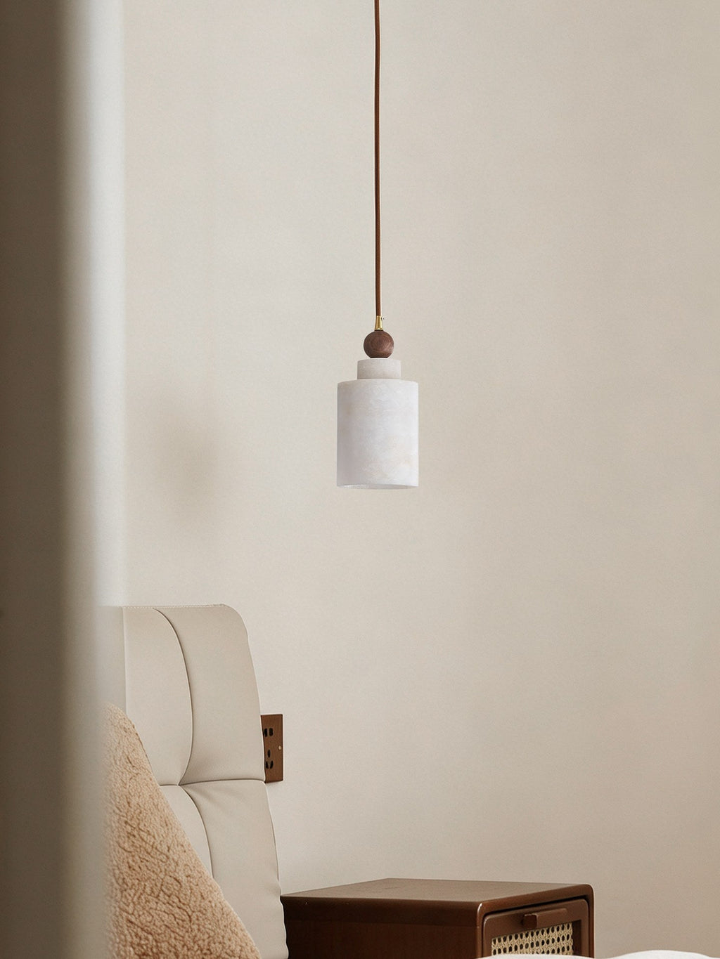 W&F Collection | Alabaster and Walnut Cylinder Pendant Light