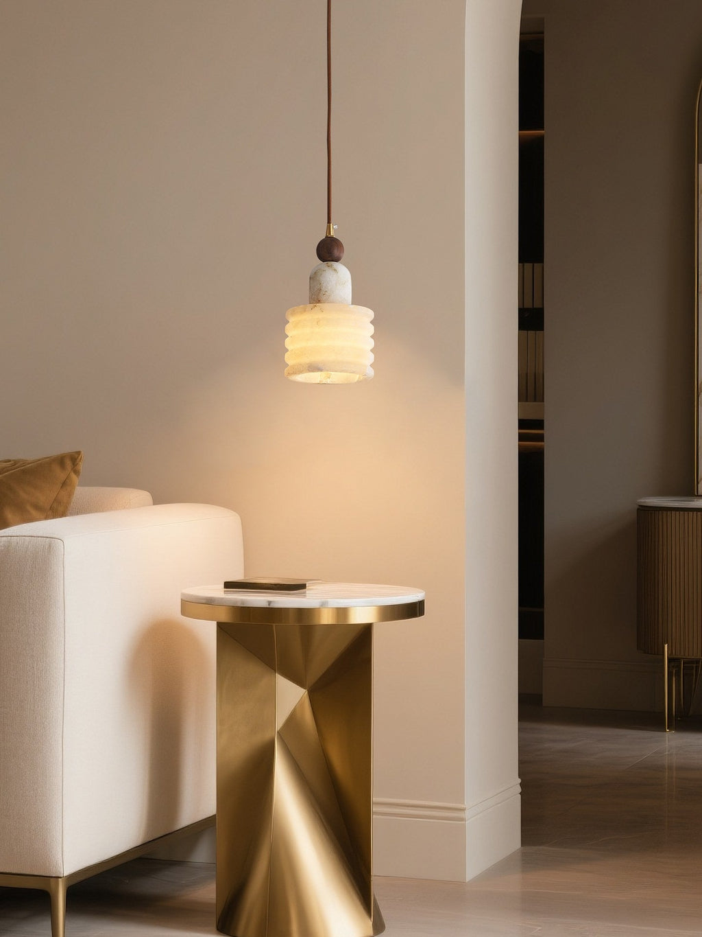 W&F Collection | Alabaster and Walnut Single Pendant Light