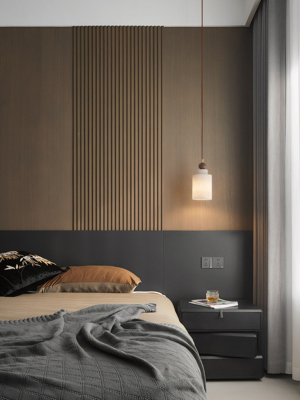 W&F Collection | Alabaster and Walnut Cylinder Pendant Light