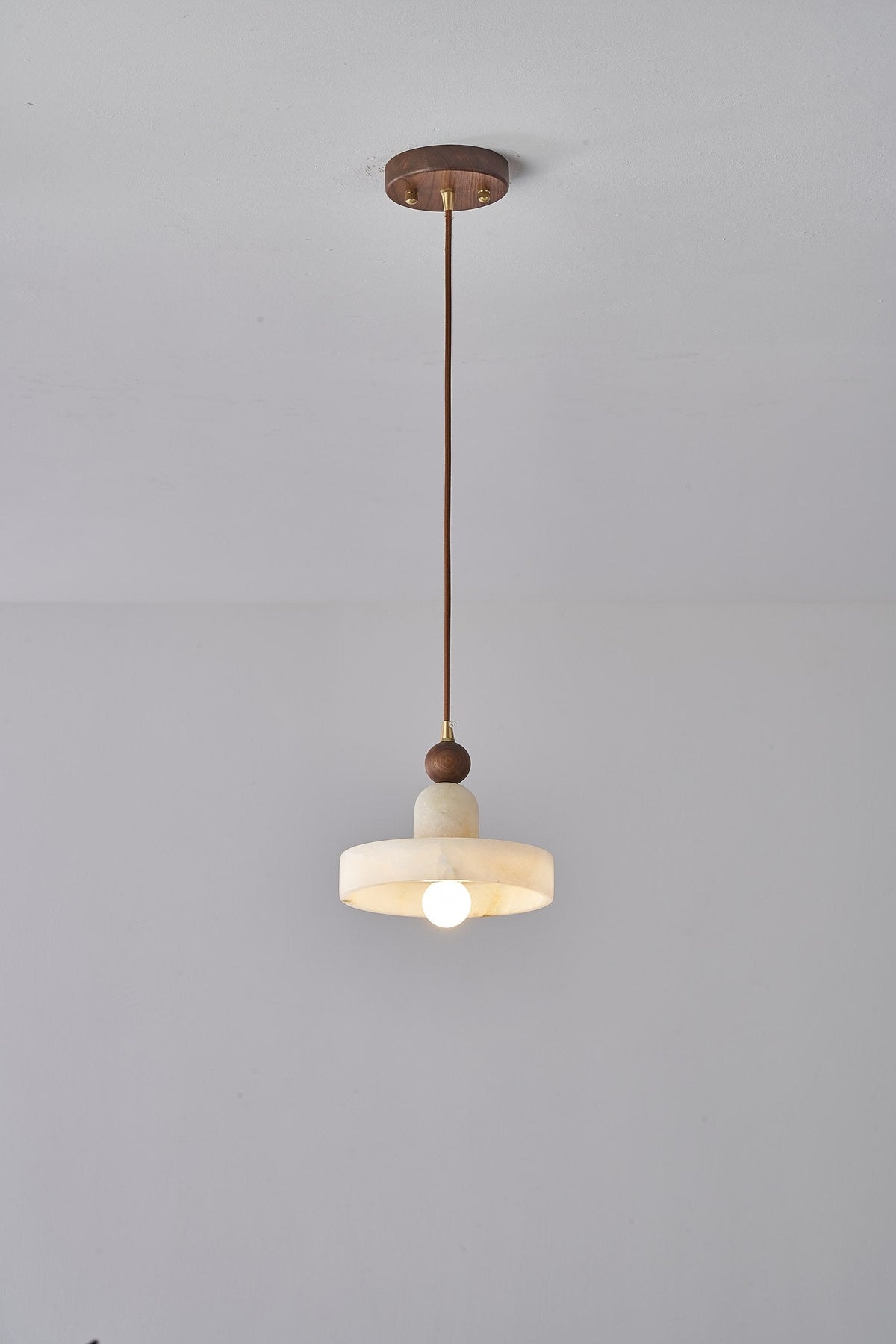 W&F Collection | Alabaster and Walnut Disc Pendant Light