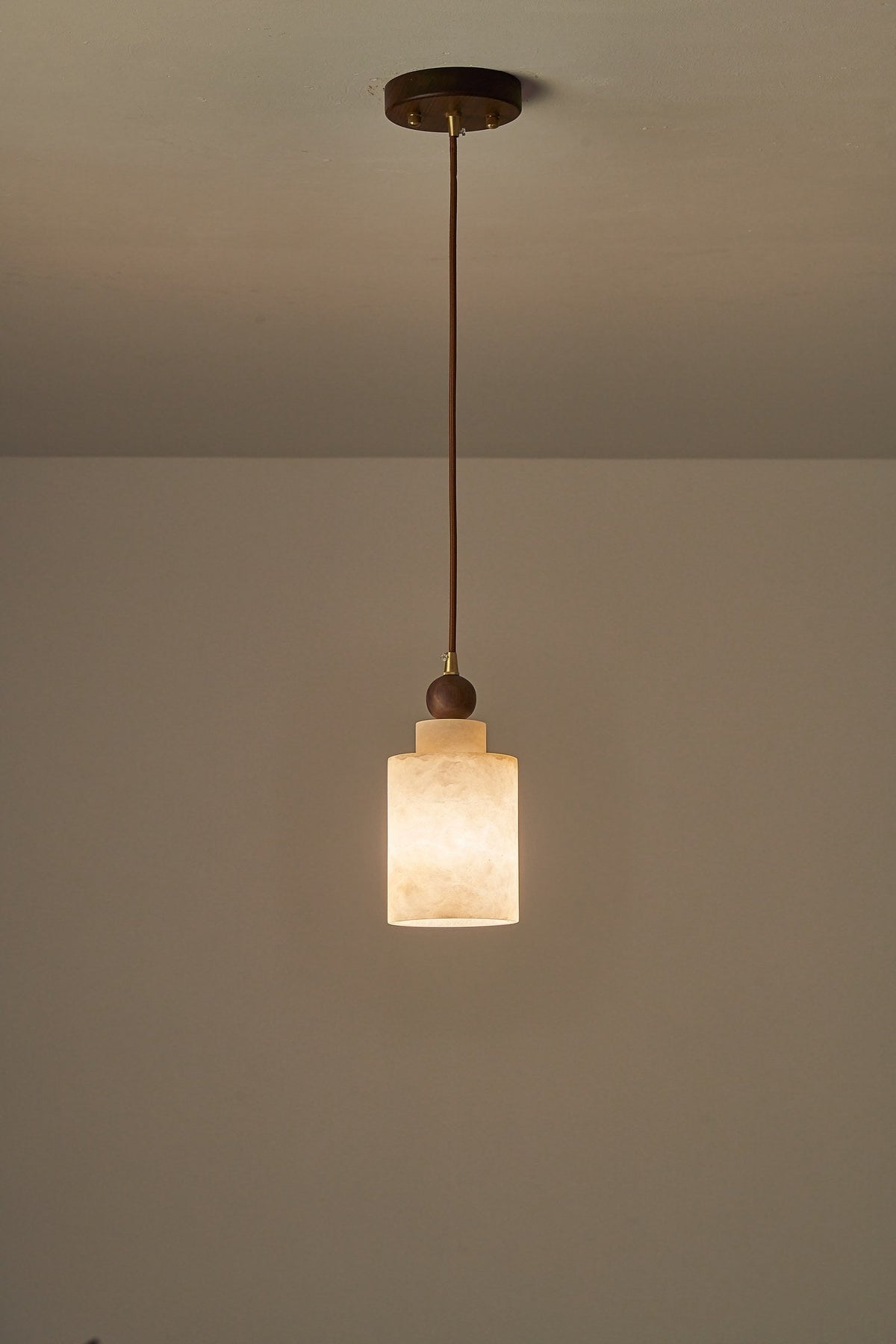 W&F Collection | Alabaster and Walnut Cylinder Pendant Light